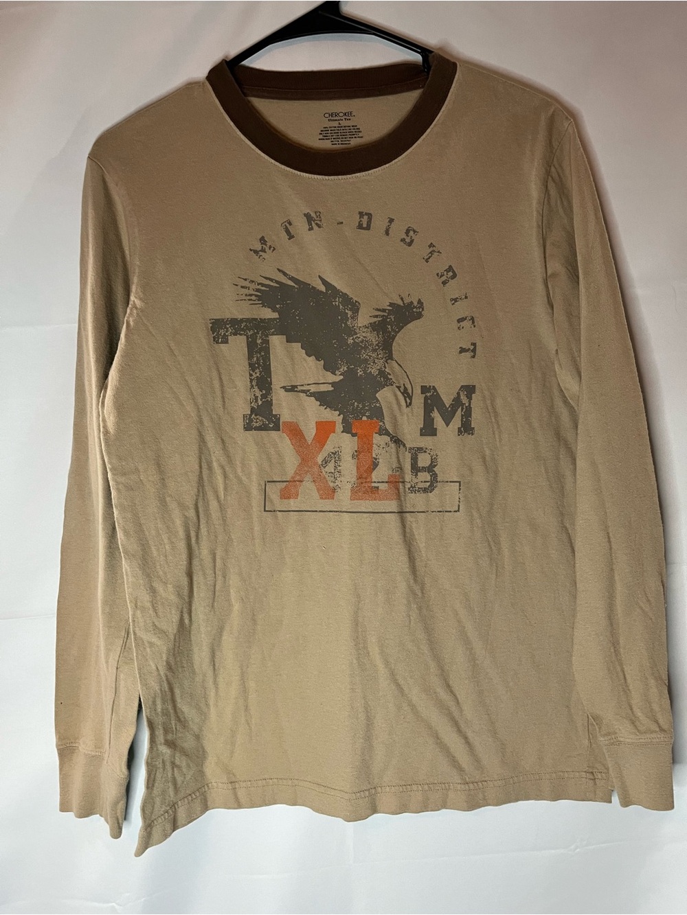 Vintage Cherokee Tan Long Sleeve Graphic Tee with Brown Collar